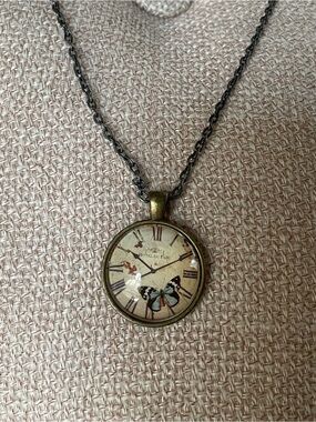Vintage-Inspired Butterfly Clock Pendant Necklace in Brass Tone